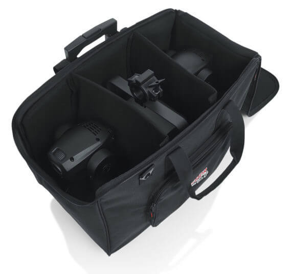 WHEELED, LIGHTWEIGHT TOTE BAG DESIGNED TO FIT UP TO FOUR (4) LED STYLE PAR LIGHTS WITH ADJUSTABLE DI